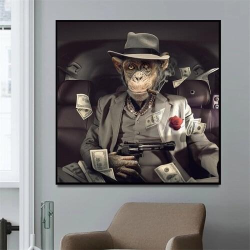 Ape Monkey Animal Poster money gun Canvas Print Abstract Artwork Art Painting Nordic Wall Picture for Living Room Decoration