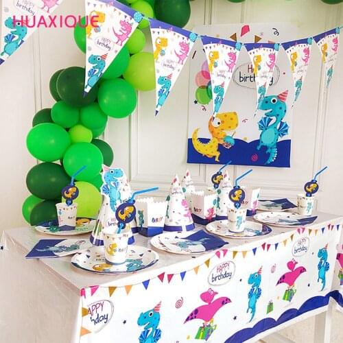 Dino Party Foil Balloons Dinosaur Pull Flag Paper Plate Cup Straw Tableware for Kids Birthday Party Baby Shower Decoration