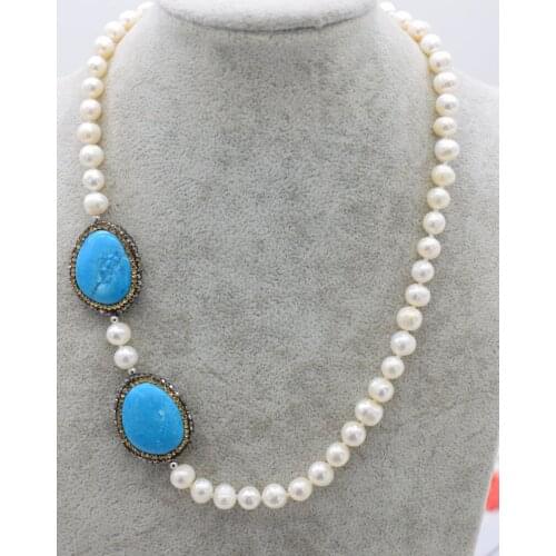 Freshwater Pearl white round 8-9mm +green howlite Turquoise flat necklace 45cm Wholesale for women xmas gift