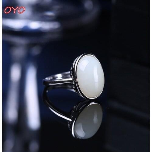 S925 silver inlaid white jade egg noodle ring fashion womens Hetian jade female ring