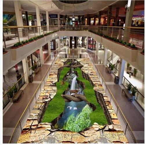 Custom 3D Painting Floor Wallpaper PVC Adhesive Stone Block Green Grass Animal World 3D Floor Modern Custom Floor Mural 3D Floor