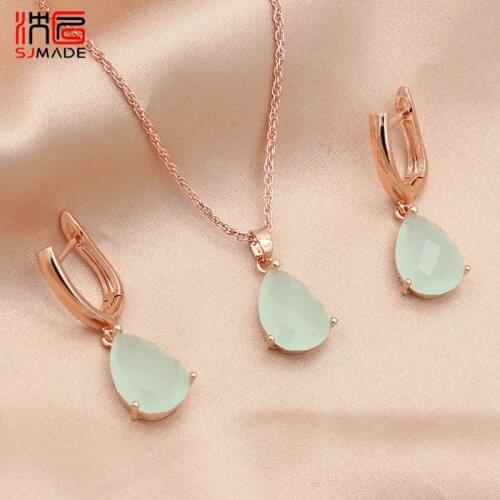SJMADE Korean Trendy Cute Water Drop 585 Rose Gold Dangle Earrings Jewelry Sets For Women 2020 New Fashion Wedding Jewelry Gift