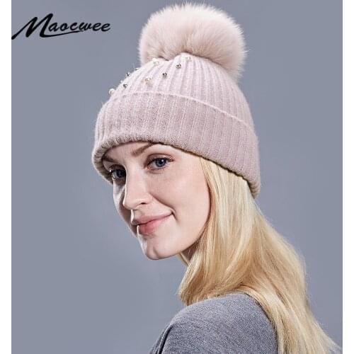 Real Fur Pom Pom Hat Women Hat Girl Wool Beanies Caps Hats Winter Warm Soft Solid Crochet Knitted Hat With Pearl Natural Raccoon