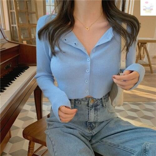 Spring new knitted cardigan slim high waist single breasted long sleeves t-shirt