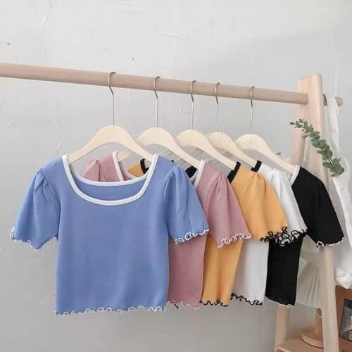 Y2k Knitting Women Short Sleeve T-shirt Summer Casual Tops Cropped Streetwear Clothes Female Harajuku Top Girls Korean Fashion