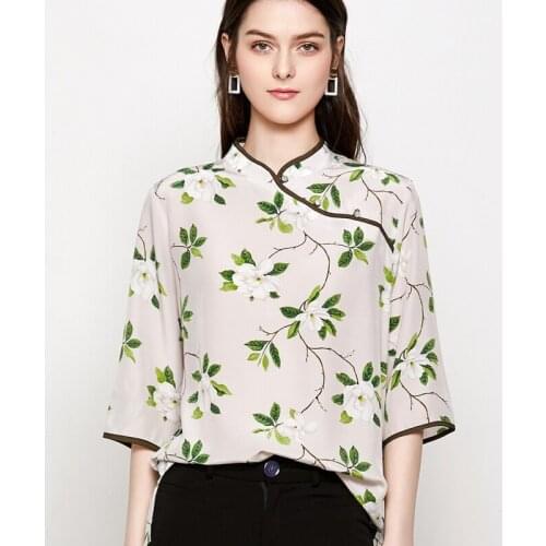 Summer Real Silk Chinese Style Top 100% Mulberry Silk Women Stand Collar Print T-shirt M L XL FREE SHIPPING