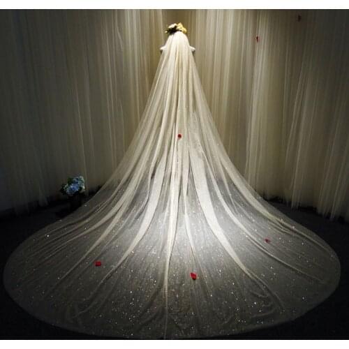 Women Mesh Ultra-Long Trailing Cathedral Wedding Veil Romantic Luxury Shimmer Starry Sky Sequins Hot Stamping Bridal Accessories