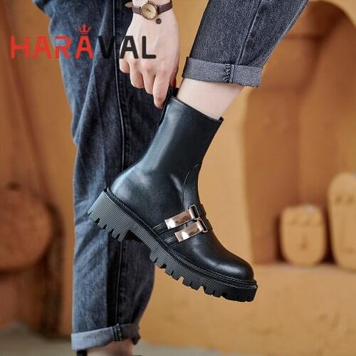 HARAVAL Women Ankle Boots Shoes Footwear Thick Heels Autumn Winter Brown Black Solid Round Toe Shoes Students Boots E433L