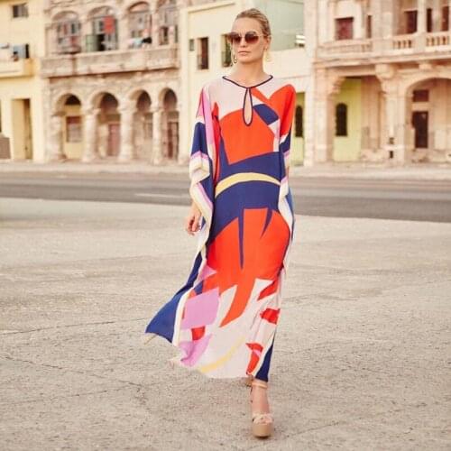 Women Loose Kaftan Swimsuit Bikini Cover Up Long Casual Print Beach Dress Summer Womens Swimming Suit Outing Tunic May Female