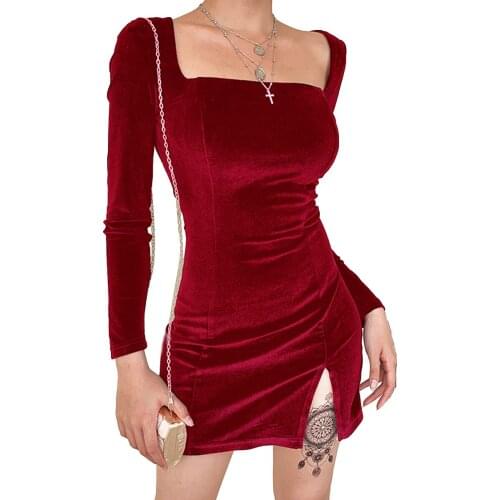 Velvet Women Dress 2021 Autumn Winter Long Sleeve Square Collar Mini Short Dresses Fashion Bodycon Modis Soild Split Dress Femme