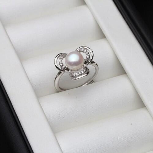 Natural Freshwater Pearl Rings For Women,Real Pearl Wedding Ring 925 Silver Jewelry Adjustable Size