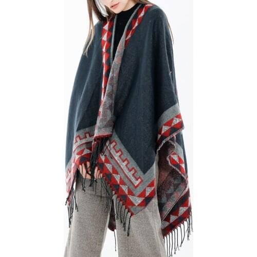 Women Winter Tassel Poncho Cape Vintage Colorful Geometric Striped Pattern Blanket Shawl Wrap Open Front Cardigan Coat
