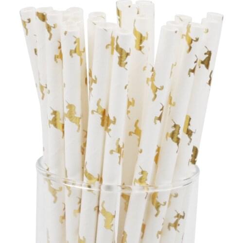 100 pcs Gold Foil Unicorn Paper Straws,Metallic Foiled Wedding Girls Baby Shower Birthday Kids Party Decorative Drinking Straw