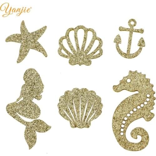 18pcs/lot Starfish Seahorse Anchor Shell Mermaid Felt Glitter Applique For Girls Birthday Party DIY Hair Bows Hair Accessories