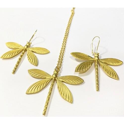 3pcs/1set Necklace Earrings New Design! Gold Dragonfly Lucky Insect Earrings Necklace Summer Necklace