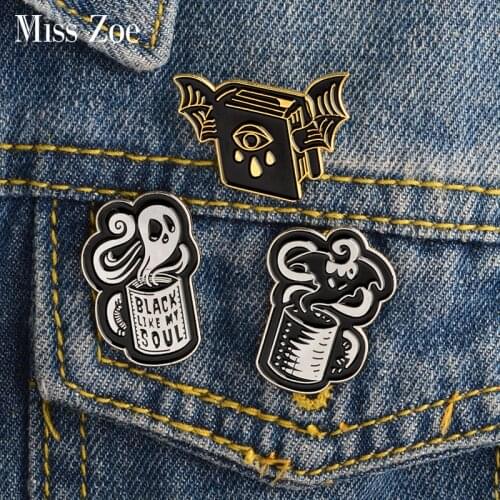 3pcs/set Magical Book Wings Coffee Ghost Devil Batty Enamel Pins Badge Lapel Brooches Jewelry Decorated for Shirt Denim Jeans