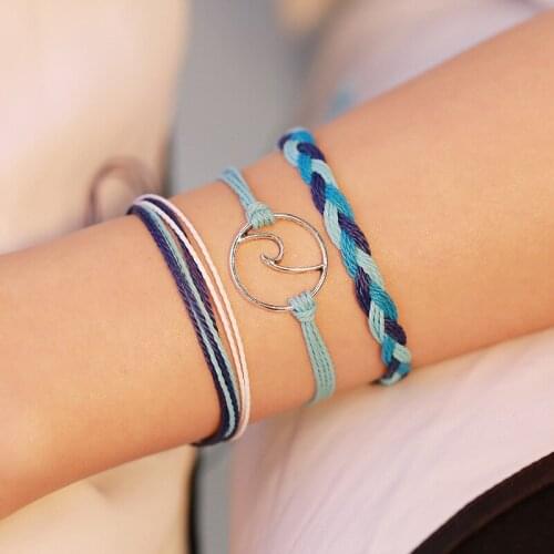 3 pcs/set Bohemian Braided Blue Color Rope Bracelet Ocean Wave Pendant Charm Bracelet for Women Three-piece Simple Bracelet