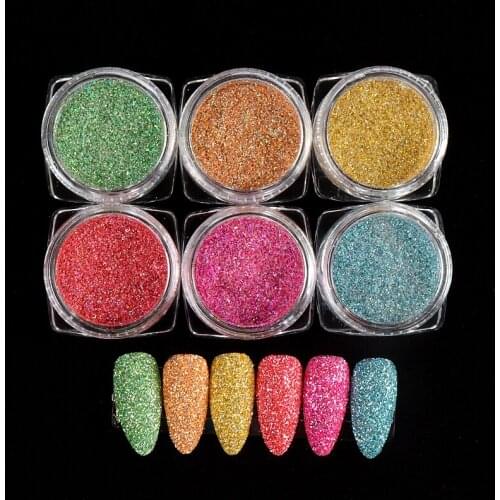 6Colors Laser Sparkly Rainbow Glitter Powder Nail Glitter Powder Shining Sugar Nail Glitter Candy Coat Powder Nail Dust DIY Tips