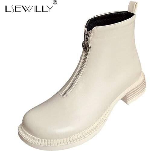 Lsewilly Autumn Ankle Boot Thick Heels Zipper Sexy Womens Western Boots Round Toe PU Leather Black white Shoes Size 33-43
