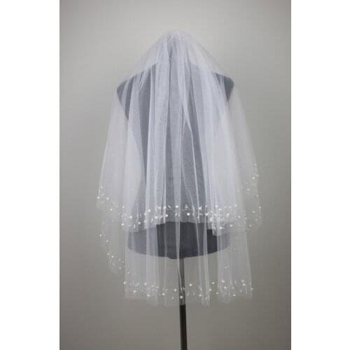 2 tier Elbow Length Bridal Veil hand beads embroidered White Beige wedding veil& comb