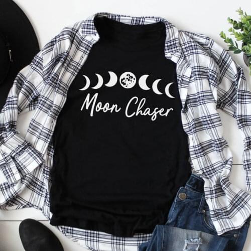 Moon Chaser 100% Cotton T-shirt Funny Just A Phase Tshirt Camiseta Aesthetic Women Graphic Mysterious Witchy Black Tee Shirt Top