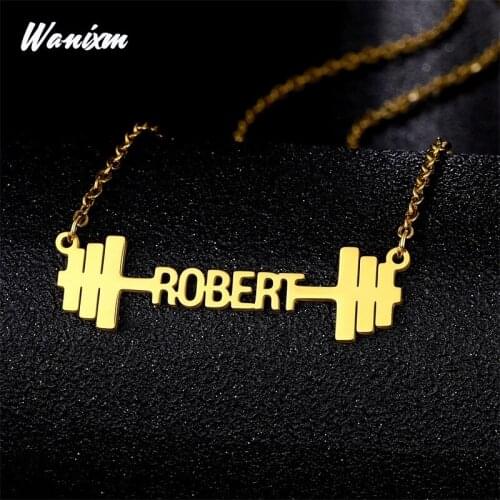 Customized Name Necklace Dumbbells Personalized Letter Gold Choker Necklace Pendant Women Men Nameplate Stainless Steel Jewelry