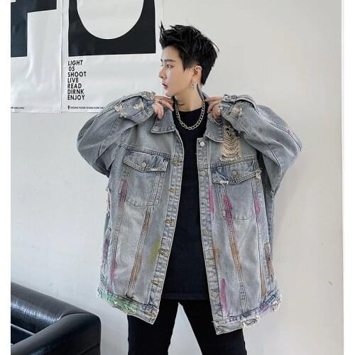 Mens Washed Denim Loose Jacket Print Holes Casual Long Sleeve Coat High Street Four Seasons C7