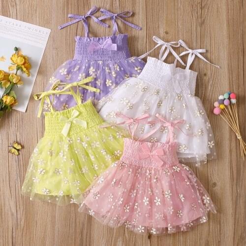 New Baby Girls Casual Princess Dress, Floral Printed Pattern Boat Neck Tie Up Slip Dress, White/ Yellow/ Pink/ Purple