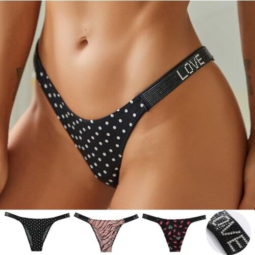Sexy Leopard Print Panties for Women Letter Rhinestone Bikini Lady Seamless Low Waist Thongs Female Breathable G-String Lingerie