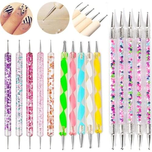 UV Gel Painting Drawing Pen Nail Art Dotting Pen Acrylic Handle Rhinestone Crystal Beards Dotting Pen Polishing Manicure Tools