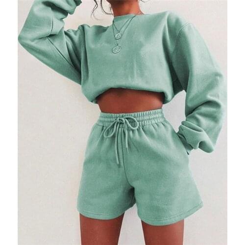 Fleece Thickened Two Piece Set Women Long Sleeve Sweatshirt Matching Drawstring Sports Shorts Cotton Classic Casual Short Sets