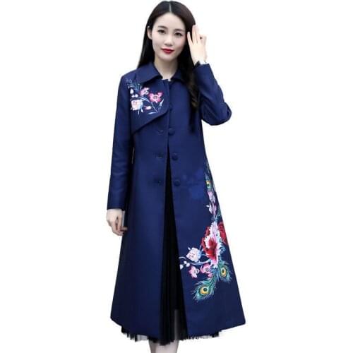 Fashion Ladies Spring Autumn Windbreaker Women Plus Size Temperament printing Belt Mid-length Trench Coat Women Overcoat R857