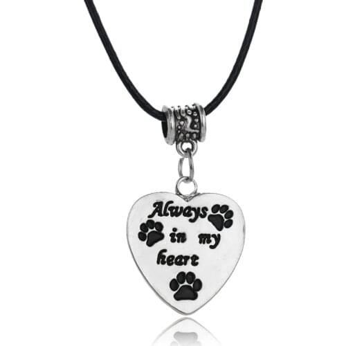 Always In My Heart Pendant Leather Chain Necklace Charm Dog Tag Love Paws Print Women Men Animals Lovers Necklaces Jewelry Gifts