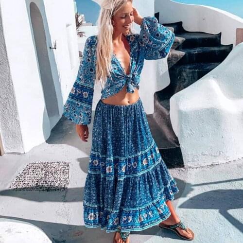 TEELYNN Bohemian blue Floral Printed Midi Skirt Women vintage Tassle Elastic Waist Skirts Summer 2020 rayon Bottom Beach Skirts