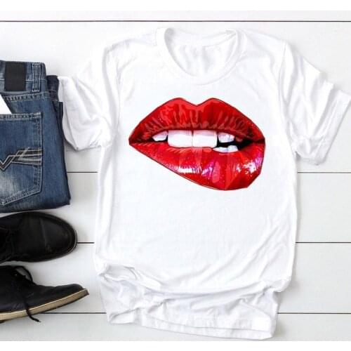 Women Make Up Sexy Lip Printing Short Sleeve Fashion Cartoon Summer Lady Print Tee Graphic T Top Female Tshirts Clothes T-Shirt
