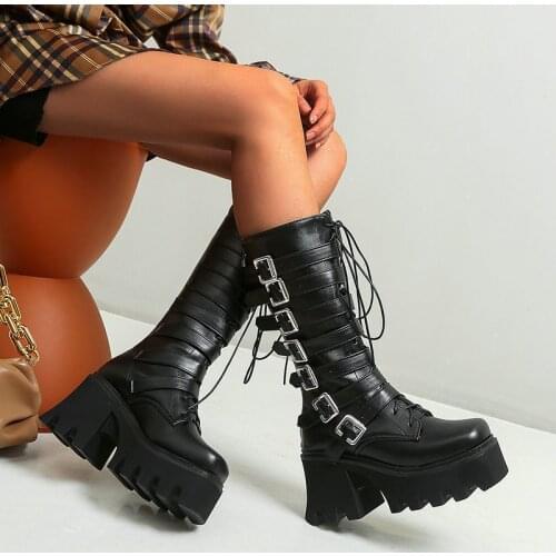 High Quality woman shoes Wedges Motorcycle Boots Platform Round toe Bukles Zip mind calf Wedges heels