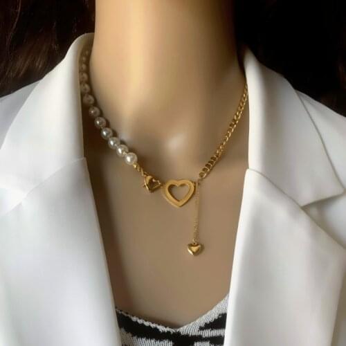 316L Stainless Steel New Fashion Jewelry Pearl Beaded Love Heart Tassel Charms Thick Chain Choker Necklaces Pendants For Women