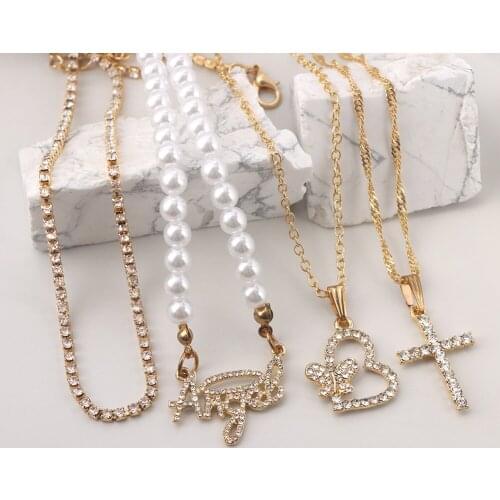 Retro Angel Cross Heart Pendant Beaded Necklace For Women Handmade Pearl Choker Rhinestone Letter Necklaces Boho Layered Jewelry