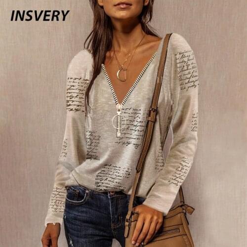 2021 Autumn Fashion Shirt Women Zipper Print Tops Ladies Casual Tee Woman Long Sleeve T-Shirts Elegant T-shirt Women Clothes