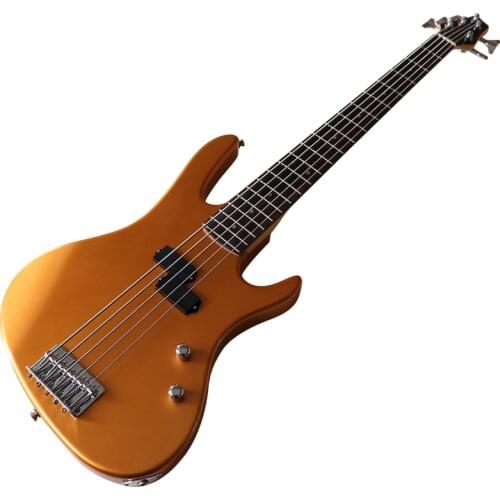 Gold color 5 string electric bass guitar solid basswood body 43 inch bass guitar with Canada maple neck with some flaw