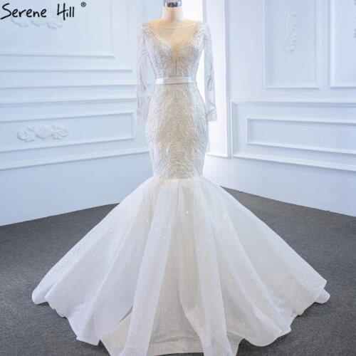 White Mermaid Beading High-end Wedding Dresses 2021 Long Sleeves Sexy Bridal Gown Real Photo HM67043 Custom Made