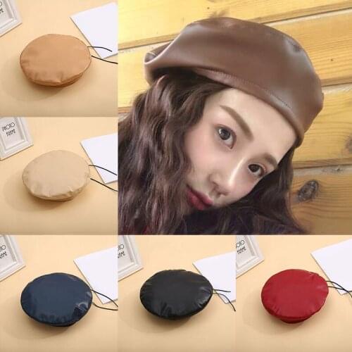 PU Leather Women Beret Hat New Fashion Street French Artist Warm Beanie Cap 2021 Autumn Winter Hot Solid Color Black Beret