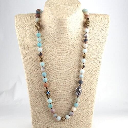 Free Ship Fashion Frosted Amazonite Stones Bohemian Tribal Jewelry Handmake Paved Ethnic Necklace For Women