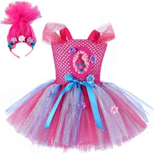 2-8 Years Girls Halloween Tutu Dress Baby Kids Birthday Party Cartoon Troll Cosplay Costume Child Christmas Fancy Tulle Dresses
