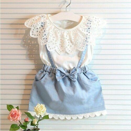2PCS Newborn Baby Girl Dress Denim Strap Dress Outfit Clothes Set