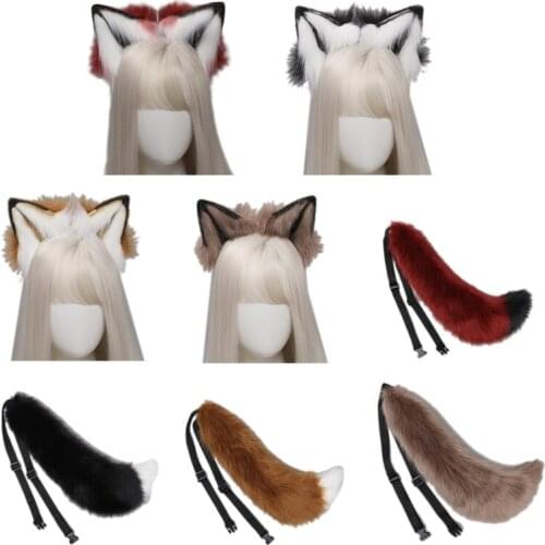 Lolita Headbands Furry Wolf Ears Headwear Animal Tail Set Hair Hoop for Halloween Cosplay Headpiece Party Supplies
