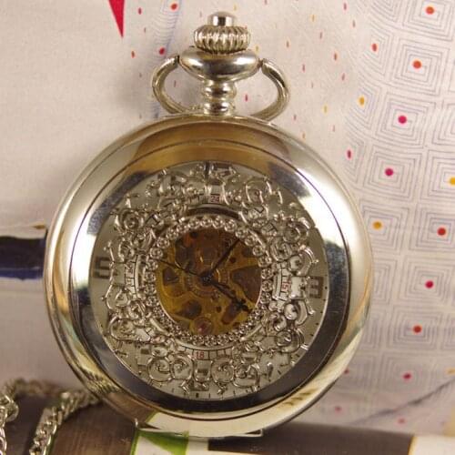 White face Pocket Watch 1pcs/lot mens women golden hand wind mechanical Steel steampunk flower Antique classics delicacy rose