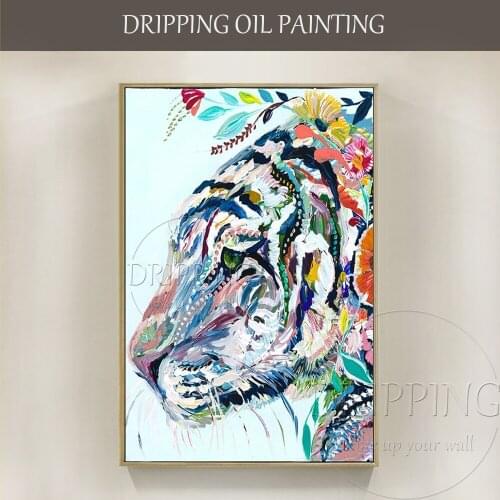 Beautiful Wall Art Artist Hand-painted Modern Rich Colors Tiger Oil Painting Funny Tiger with Flower Oil Painting for Wall Decor