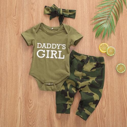 Pudcoco Newborn Baby Boy Girl Clothes Summer Letter Print Short Sleeve Romper Tops Camouflage Print Pants Headband 3Pcs Outfits