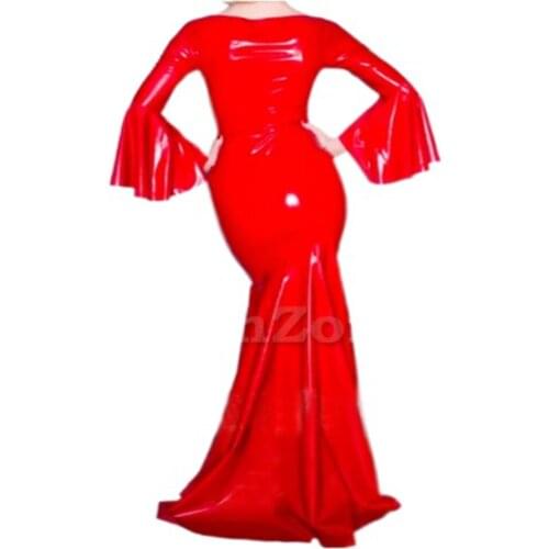 Colorful Flare Sleeve PVC Leather Dress Plus Size Women Sexy Long Sleeve Floor-Length Trumpet/Mermaid Dresses Party Club Wear
